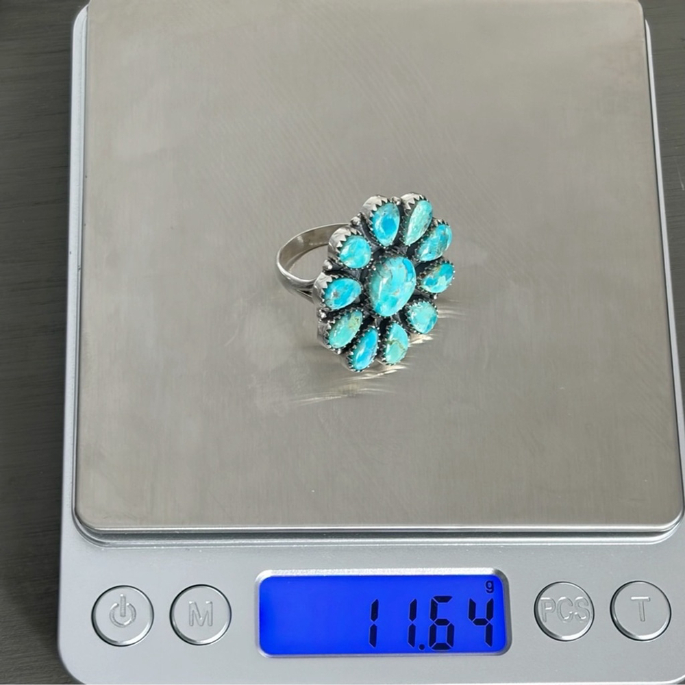 Pure Sterling Silver 925 Kingman Turquoise Cluster Ring 9.25 9 1/4 Navajo Style - Picture 10 of 10